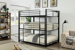 English Elm Full Triple Decker Bed with Two Ladders, Metal Guard Rails & Sturdy Full Metal Frame in Sand Black Finish B2741S00346