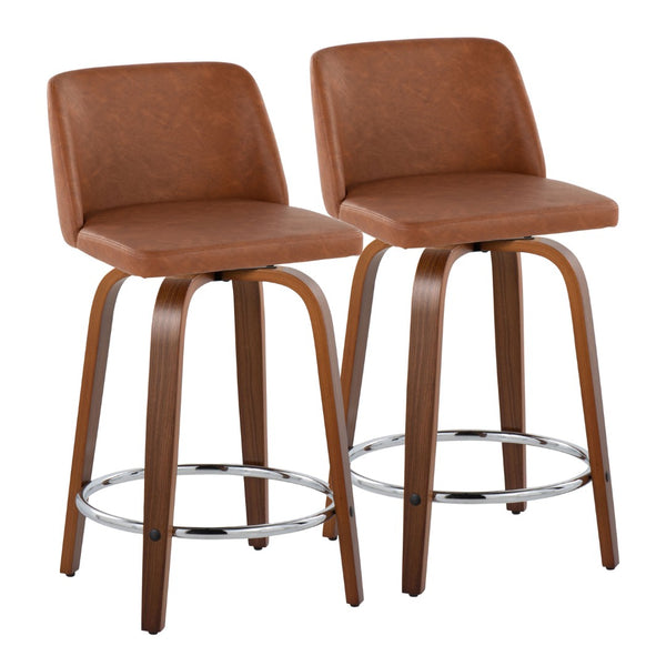 English Elm 24" Mid-century Swivel Barstools Walnut Tapered Legs Faux Leather Seat Chrome Footrest Set Camel B202S00132