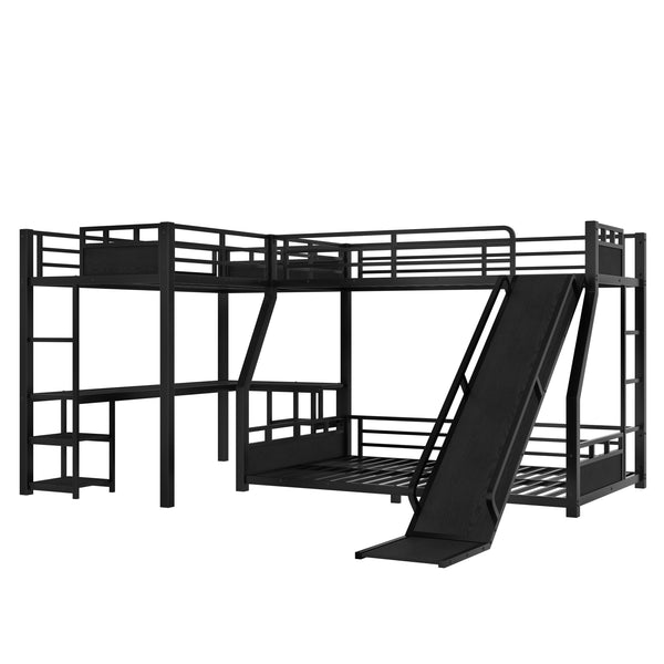 English Elm L-Shaped Metal Bunk Bed With Slide, Twin Loft, Desk & Storage Shelves - Space-Saving Design In Black! W1580S00278