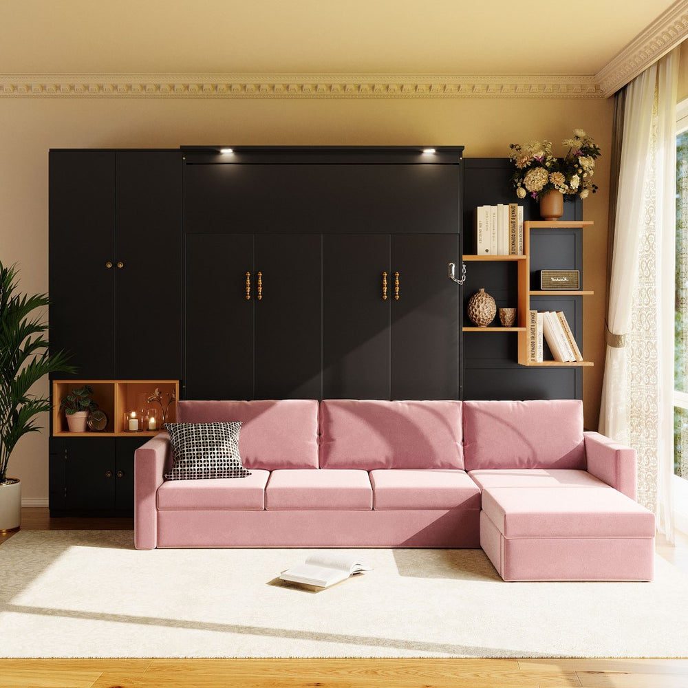 English Elm Queen Murphy Wall Bed with Velvet Sofa Built in Shelves Cabinets and Reading Lights Black LP000393AAB