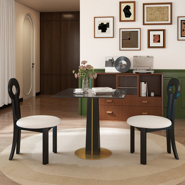 English Elm Modern Round Negotiation Table - 85Cm Black Glass Top, Stylish Wooden Legs & Luxe Gold Base Design W1535S00593