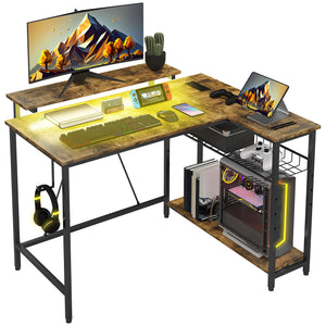 English Elm HOMCOM LED L-Shaped Desk with USB & Power Outlets, Monitor Stand, Shelves, Remote Lighting Ambience Rustic Brown W2225P217260