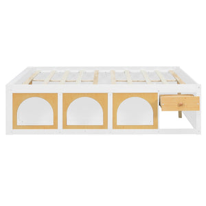 English Elm Full Size Kids Platform Bed with Led Lighting Bookshelf Display Cabinet and Storage Drawer White+Natural N820S00077K