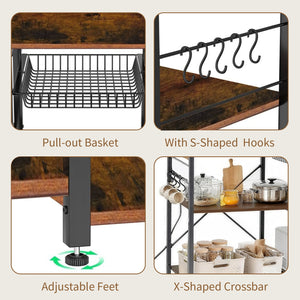 English Elm Bakers Rack with Power Outlet & USB, Microwave Stand with Pull-Out Basket, Coffee Bar Organizer W3204P354195