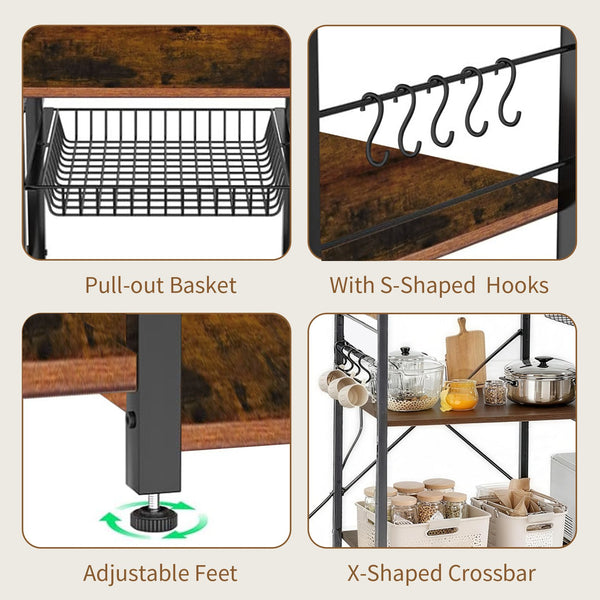 English Elm Bakers Rack with Power Outlet & USB, Microwave Stand with Pull-Out Basket, Coffee Bar Organizer W3204P354195