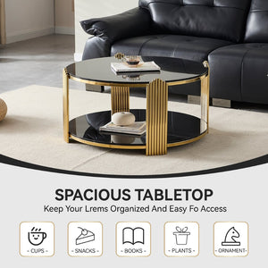English Elm 35inch Round Coffee Table Dual Tier Tempered Glass Gold Steel Frame Living Room W3357P395503