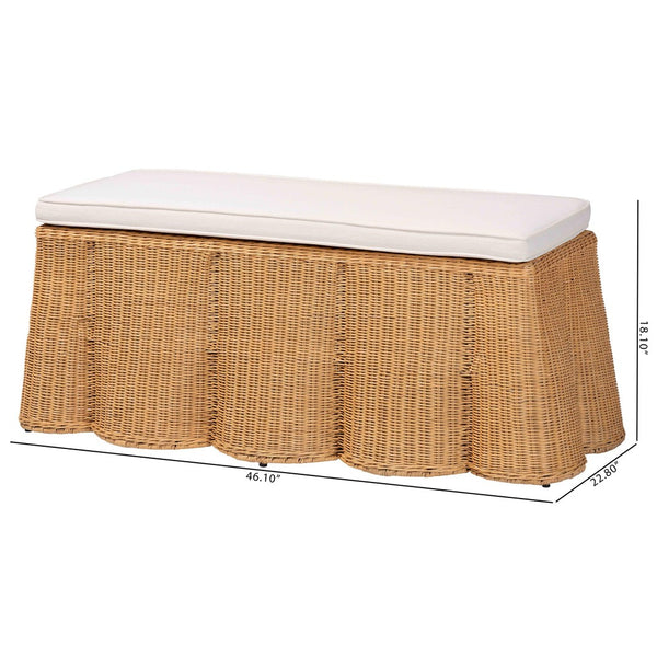 English Elm Scallop Handwoven Rattan Rectangular Ottoman Coastal Boho Accent Bench with Foam Cushion B2750P467849