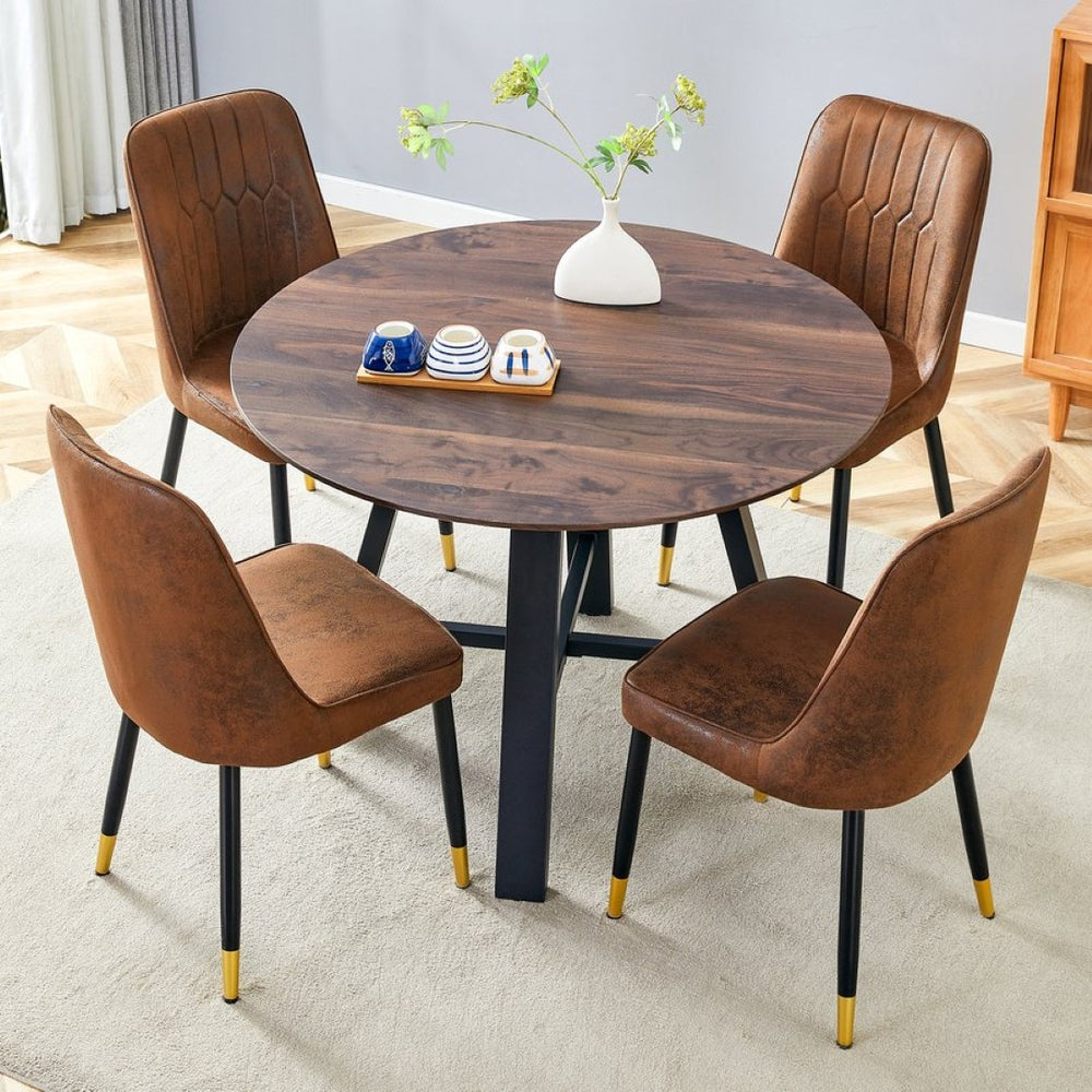 English Elm Table & 4 Chairs Set - Modern Minimalist 42" Round Dining Table With Deep Walnut Top & Techno-Fabric Seating W1151S03749-GIGA