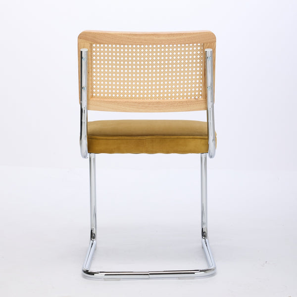 English Elm Mid Velvet Mid Century Dining Chair with Rattan Back, Solid Wood Frame, Plush Velvet, 360lb Capacity Gold W1143P168323