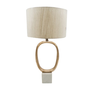 English Elm D14x28.5" Modern Metallic Gold Oval Cut-Out Table Lamp with White Marble Base & Beige Shade, Stylish Accent W2078P324066