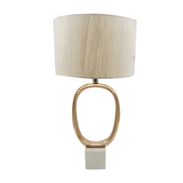 English Elm D14x28.5" Modern Metallic Gold Oval Cut-Out Table Lamp with White Marble Base & Beige Shade, Stylish Accent W2078P324066