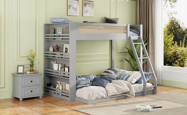 English Elm Twin Over Full Bunk Bed with Cane Guardrail Led Lighting and Built-in Bookshelf Gray LT000351AAE