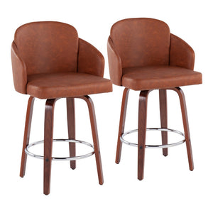 English Elm Fixed-height Swivel Counter Stools with Faux Leather Seats and Chrome Footrest Set of 2 B202S01814
