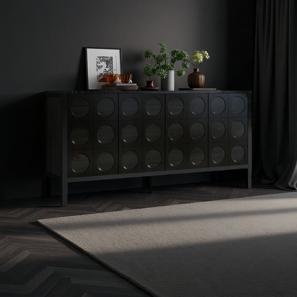 English Elm Stylish Geometric Circle Door Sideboard Cabinet with MDF Solid Wood Legs Adjustable Shelves Black W2696P256250