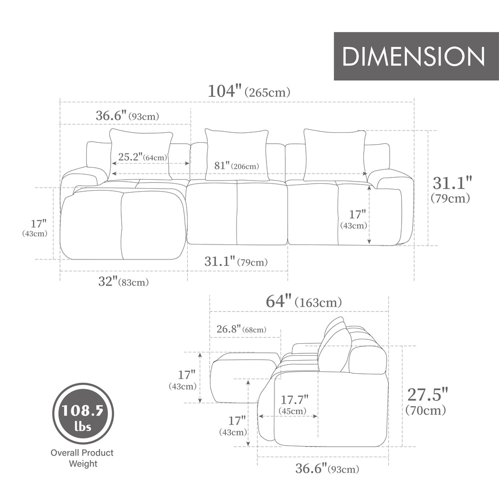 English Elm 104.3" Oversized 4-Piece L-Shaped Tufted Modular Sectional Sofa with Deep Seats, Ottoman & 3 Pillows Charcoal W3118S00021