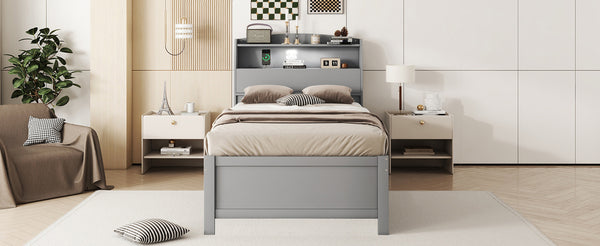 English Elm Twin LED Platform Bed with Trundle and Under-Storage Drawers, Flip-Up Headboard, USB Ports Gray N820S10008E