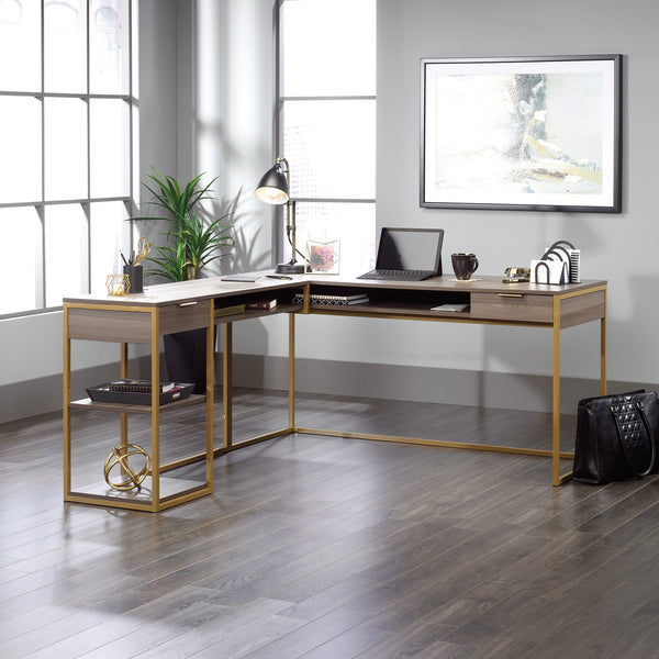English Elm L-Shaped Desk With Durable Wood & Metal Frame, Stylish Storage, Perfect For Home Office Or Living Room B356P367849