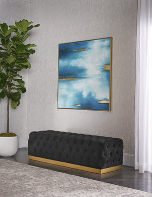 Sunpan Babette Bench - Glamorous Deep Tufted Seating with Burnished Brass Base for Stylish Interiors Abbington Black