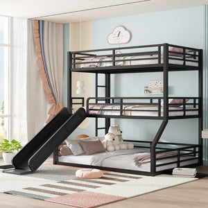 English Elm Twin Bunk Bed With Slide - Metal Triple Bunk For Kids, Heavy-Duty, Noise-Reduced, Safety Guardrails W1580S00173-GIGA