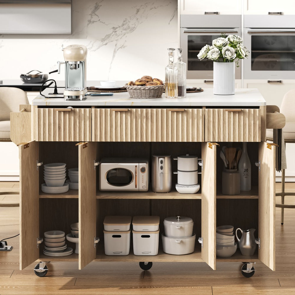 English Elm K&k Fluted Rolling Kitchen Island Faux Marble Top Power Outlet Storage Drawers Natural N707P353945Y
