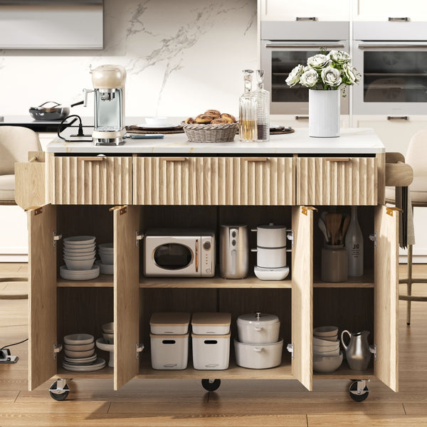 English Elm K&k Fluted Rolling Kitchen Island Faux Marble Top Power Outlet Storage Drawers Natural N707P353945Y