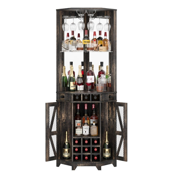 English Elm 67.3" Farmhouse Corner Bar Cabinet Led Lit Wine Storage with Built-in Power Outlets N735P361429D