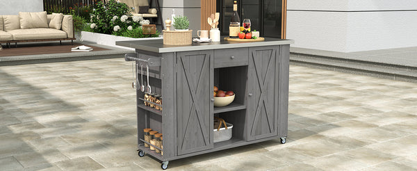 English Elm Outdoor Kitchen Island Solid Fir Wood with Foldable Stainless Top, Ample Storage, Wheels, Opener Grey N719P246553R