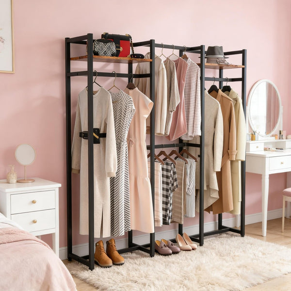 English Elm Portable Freestanding Wardrobe Organizer with Metal Frame and Rustic Shelving for Bedroom T3971P449801