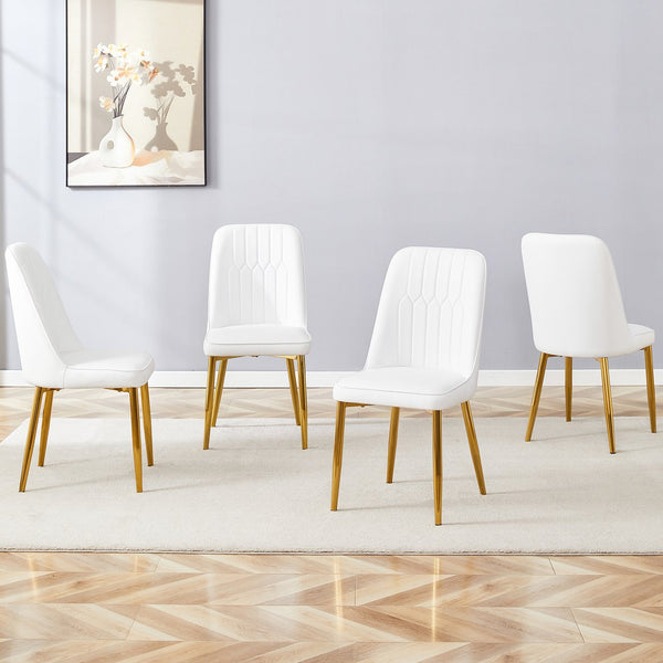English Elm 4 Modern Dining Chairs White Gold PU Leather Ergonomic Seat Thick Cushion Metal Legs Anti-Slip Pads W1151P250089