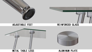 English Elm Glass Tempered Dining Table with 8mm Rectangular Top and Silver Metal Legs, Minimal Modern Centerpiece W3732P356644