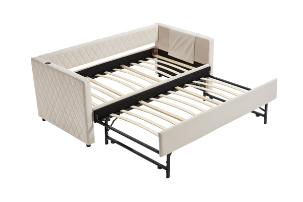 English Elm Beige velvet daybed with diamond-grid pull-out trundle, modern sturdy wood frame for guests and lounge W1361S00031