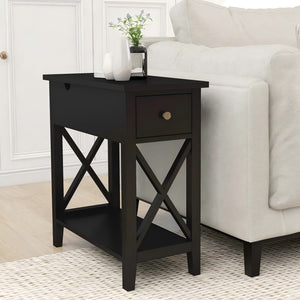 English Elm 2-Drawer Flip Top End Table with Drawer and Shelf, Narrow Accent Nightstand for Small Spaces Black T3771P356720