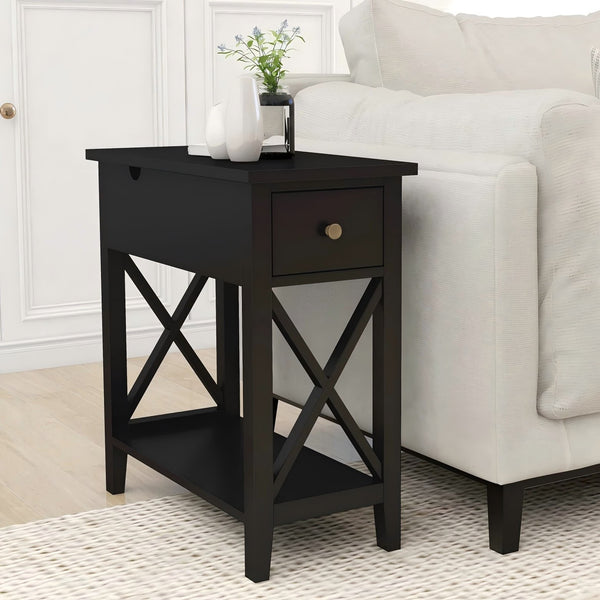 English Elm 2-Drawer Flip Top End Table with Drawer and Shelf, Narrow Accent Nightstand for Small Spaces Black T3771P356720