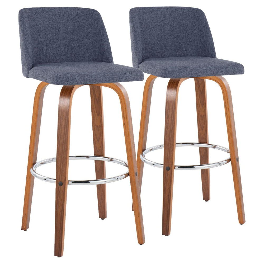 English Elm Toriano 30" Mid-Century Modern Barstool Set Of 2: Stylish Blue Fabric & Walnut Wood With Chrome Footrest B202S00673-GIGA