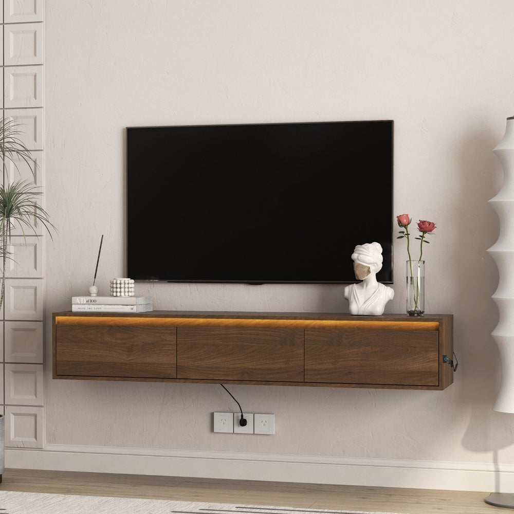 English Elm Floating Wall Mounted Tv Shelf with Led Lighting Power Outlets Gloss White Media Storage W1321P351884