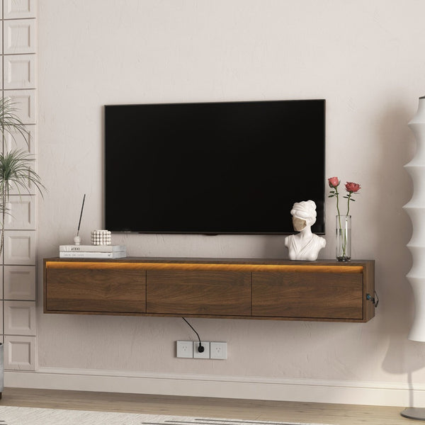 English Elm Floating Wall Mounted Tv Shelf with Led Lighting Power Outlets Gloss White Media Storage W1321P351884