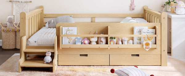 English Elm Twin Kids Platform Bed with Trundle Staircase Bookshelf and Rounded Safety Rails Light Natural W1580S00541