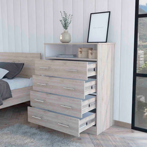 English Elm Lagos Four Drawer Dresser with Spacious Open Shelf and Superior Top, Light Grey Finish, Modern Storage Solution Multicolor 47 L x 22 W x 4 H B128S00097