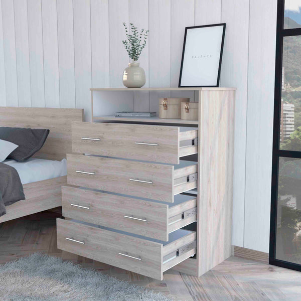 English Elm Lagos Four Drawer Dresser with Spacious Open Shelf and Superior Top, Light Grey Finish, Modern Storage Solution Multicolor 47 L x 22 W x 4 H B128S00097