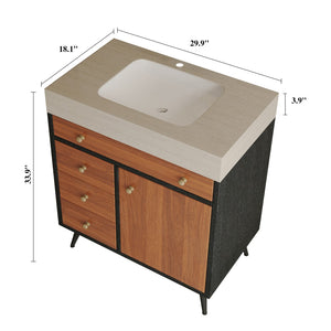 English Elm 29.9" Floating Bathroom Vanity Sintered Stone Top Soft Close Drawers Bronze Gold Hardware W3136S00043