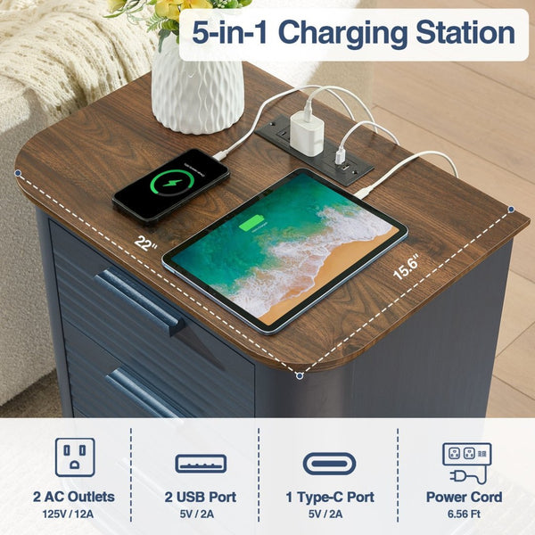 English Elm 22" Fluted Wood Nightstand with Built-in Charging Station Three Drawer Bedside Storage Navy Blue T5326P431149