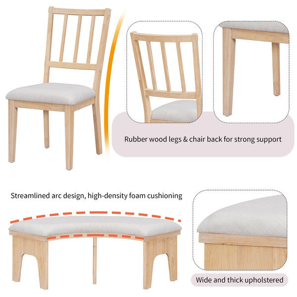 English Elm TREXM Round 5-Piece Rustic Dining Set with Upholstered Chairs and Curved Bench, Distressed Wood Finish Beige+Natural ST000146AAD