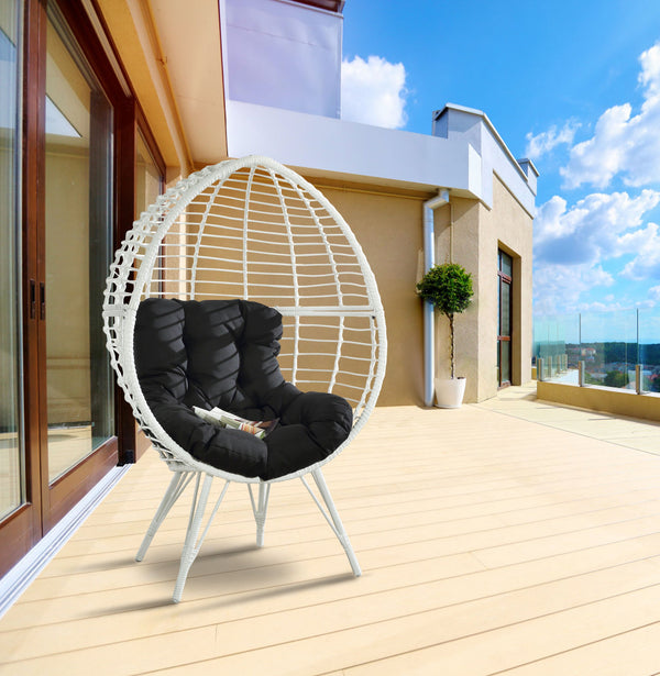 English Elm Galzed Black Fabric & White Wicker Patio Lounge Chair with Foam Cushion, Metal Frame, 220lb Capacity B2726P338653