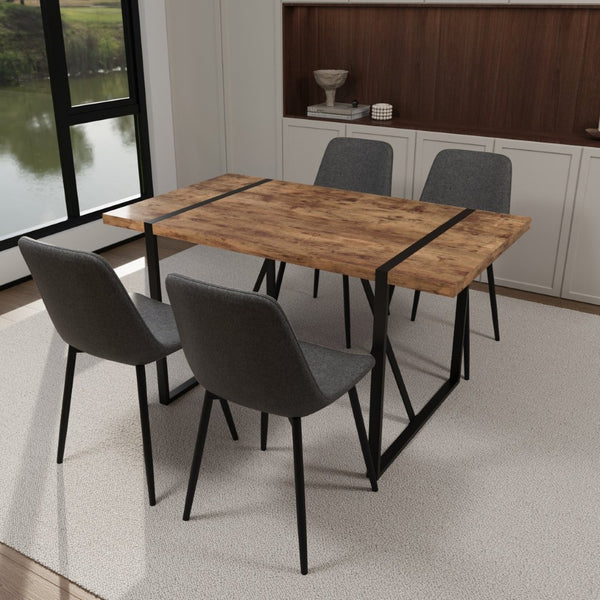 English Elm 55" Dark Wood Mdf Dining Table Set with Four Suede Chairs Matte Black Metal Base W2189S00937