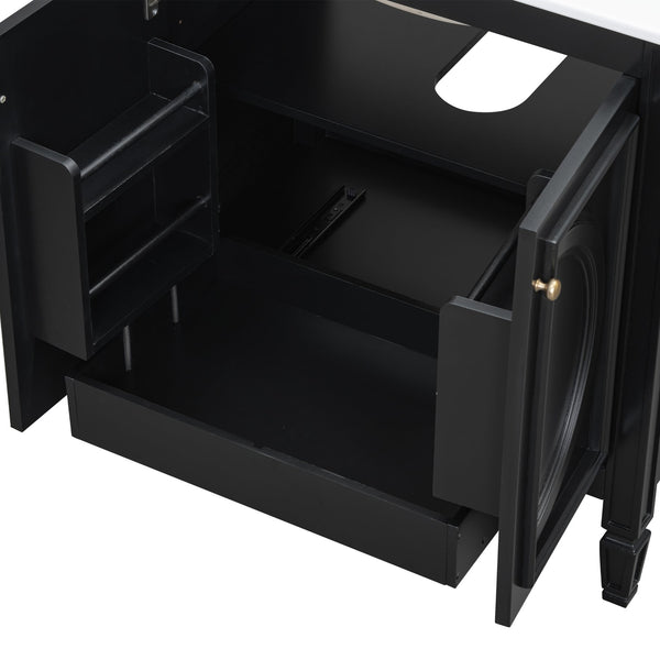 English Elm Christopher Knight Home® - 30" Bathroom Vanity with Sink Vintage Freestanding Ceramic Top Soft-Close Doors Gold Knobs, Storage Black N759P226000B