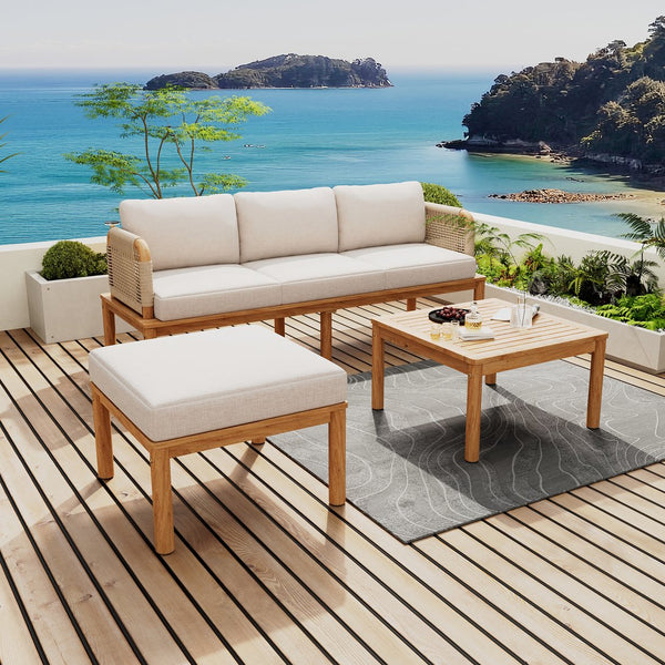 English Elm Christopher Knight Home® - Outdoor 3-piece Acacia Wood and Rope Patio Sofa Set Teak Beige — Water-Repellent Cushions, Durable Hardwood, Handwoven Rope Design N757S342866B