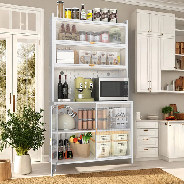 English Elm 73'' Tall 6-Tier Steel Pantry Cabinet with Flip Door & Pegboard, Adjustable Shelves, Anti-Tip Storage White W3387P306356