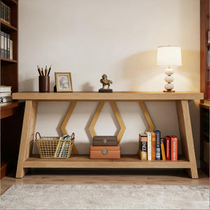 English Elm 2-tier Industrial Console Table Rustic Wood and Black Metal Frame Entryway Sofa T3971P460957