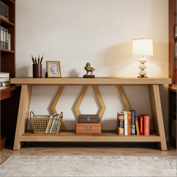 English Elm 2-tier Industrial Console Table Rustic Wood and Black Metal Frame Entryway Sofa T3971P460957