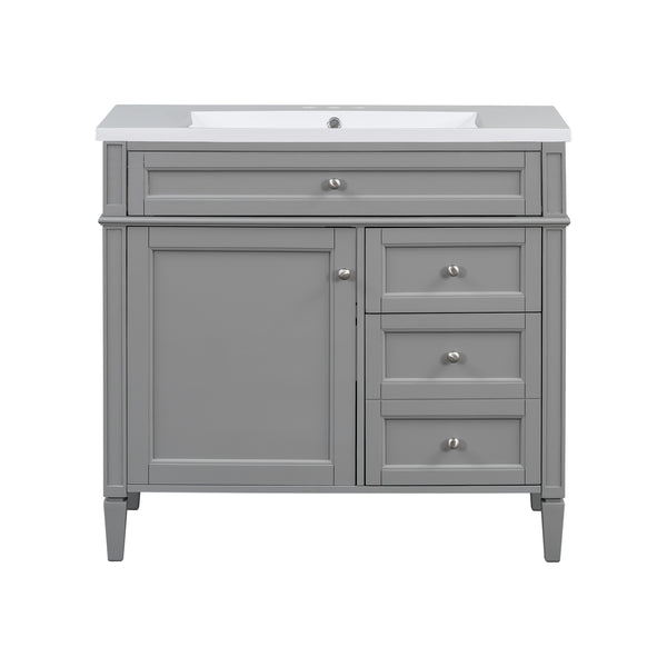 English Elm 36'' Modern Bathroom Vanity Set With Mirror, 2 Soft-Close Drawers, & 6 Open Shelves For Storage N710S236006E